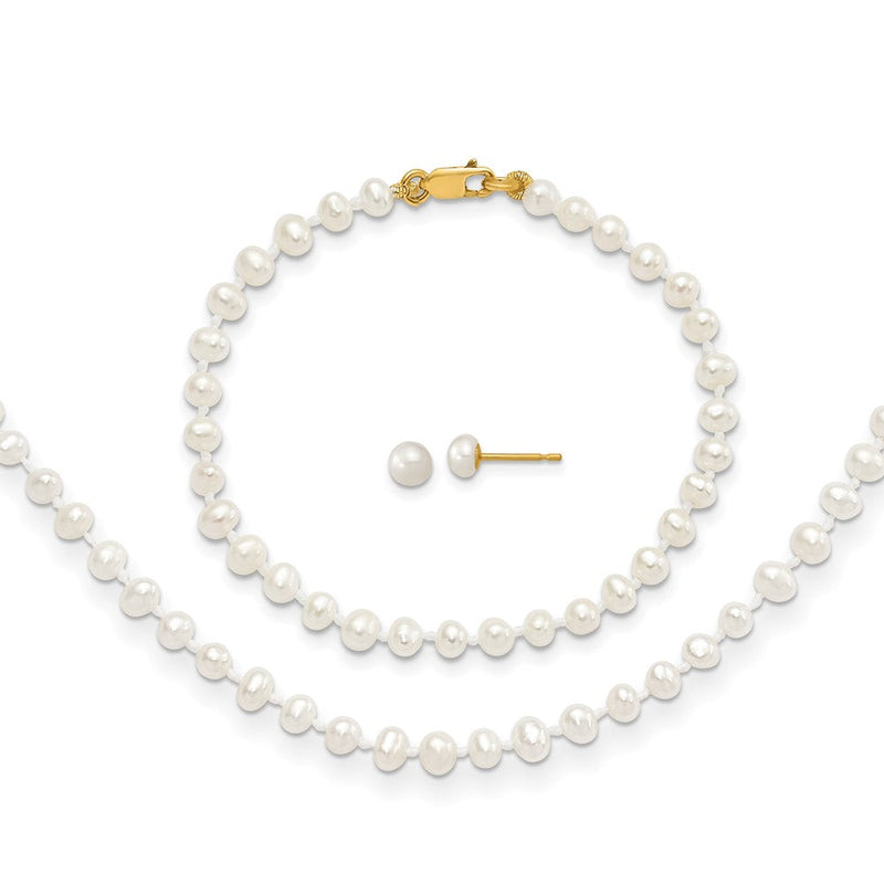 14K Gelbgold 3-4mm Süßwasser Zuchtperle 14 Zoll Halskette, 5 Zoll. Armband & Ohrring Set