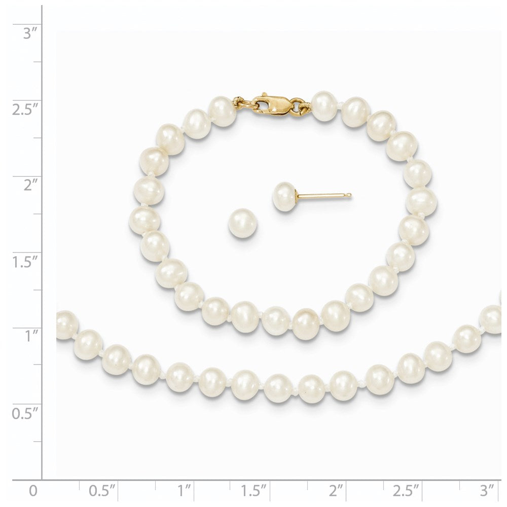 14K Gelbgold 4-5mm Süßwasser Zuchtperle, 14 Zoll Halskette, 5" Armband & Ohrring Set