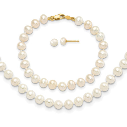 14K Gelbgold 4-5mm Süßwasser Zuchtperle, 14 Zoll Halskette, 5" Armband & Ohrring Set