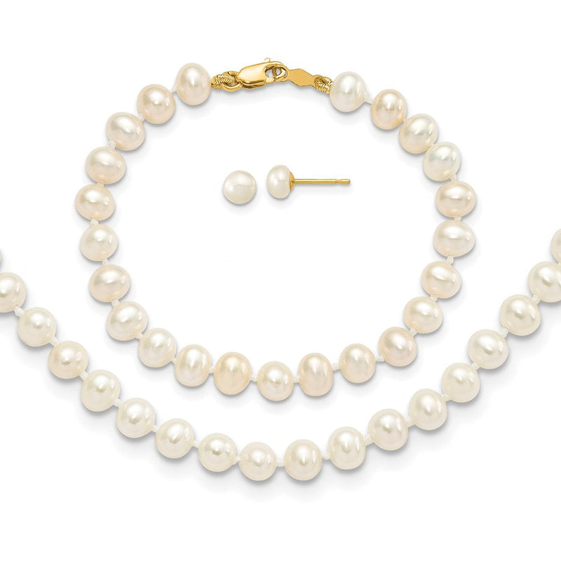 14K Gelbgold 4-5mm Süßwasser Zuchtperle, 14 Zoll Halskette, 5" Armband & Ohrring Set