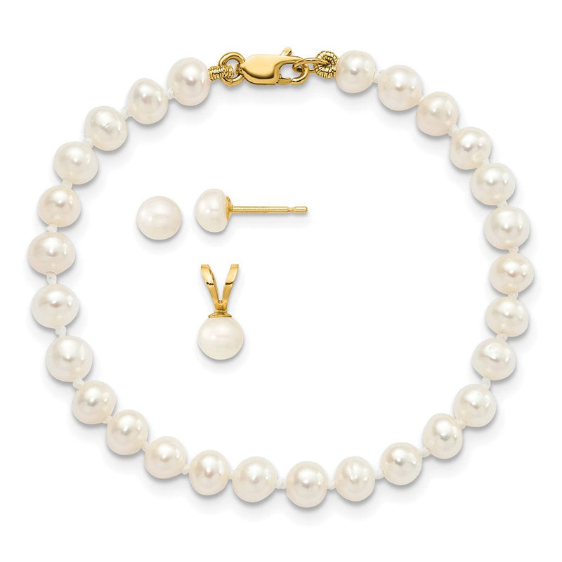 14K Gelbgold 14K 4-5mm Weiß Süßwasser Zuchtperle Anhänger, 5 Zoll Armband und Ohrstecker Set