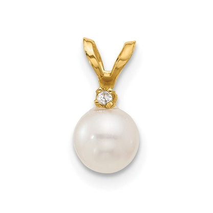 14K Gelbgold 5-6 mm runder weißer Süßwasser-Zuchtperlen-Anhänger mit Diamant