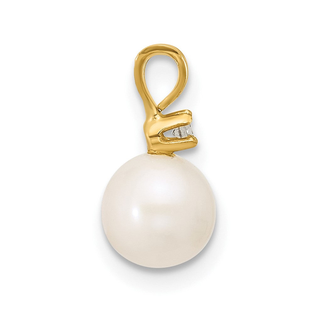 14K Gelbgold Anhänger mit runder weißer Süßwasser-Zuchtperle 6-7 mm und Diamant