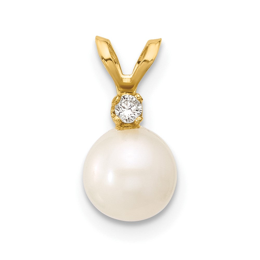 14K Gelbgold Anhänger mit runder weißer Süßwasser-Zuchtperle 6-7 mm und Diamant