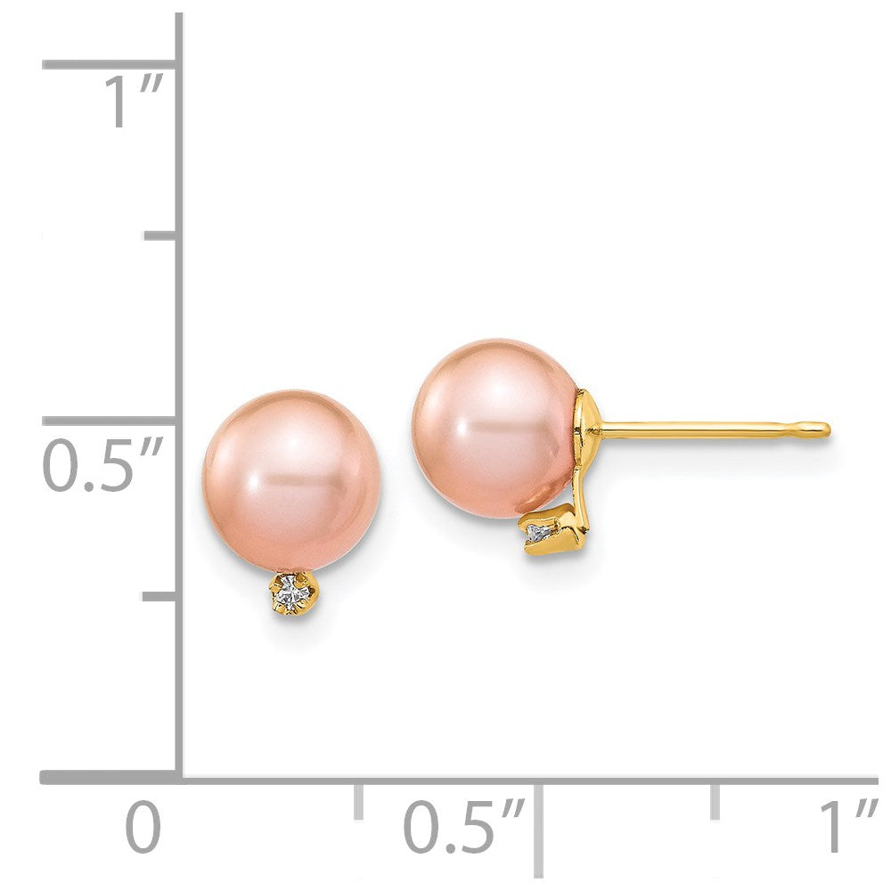 14K Gelbgold Ohrstecker mit 5-6 mm rosafarbenen runden Zuchtperlen und 0,02 ct. Diamanten