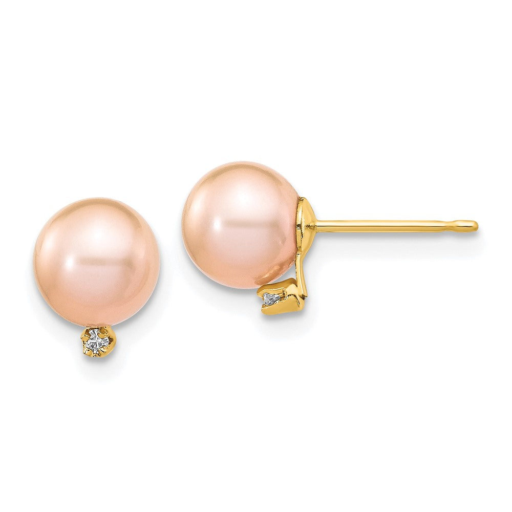 14K Gelbgold Ohrstecker mit 5-6 mm rosafarbenen runden Zuchtperlen und 0,02 ct. Diamanten