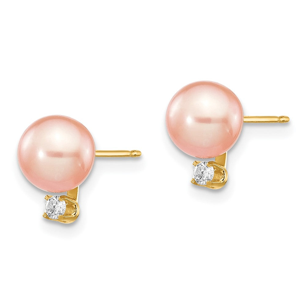 14K 585 Gold rosa runde Süßwasser-Zuchtperlen 6-7 mm 0,06 ct. Diamant Ohrstecker