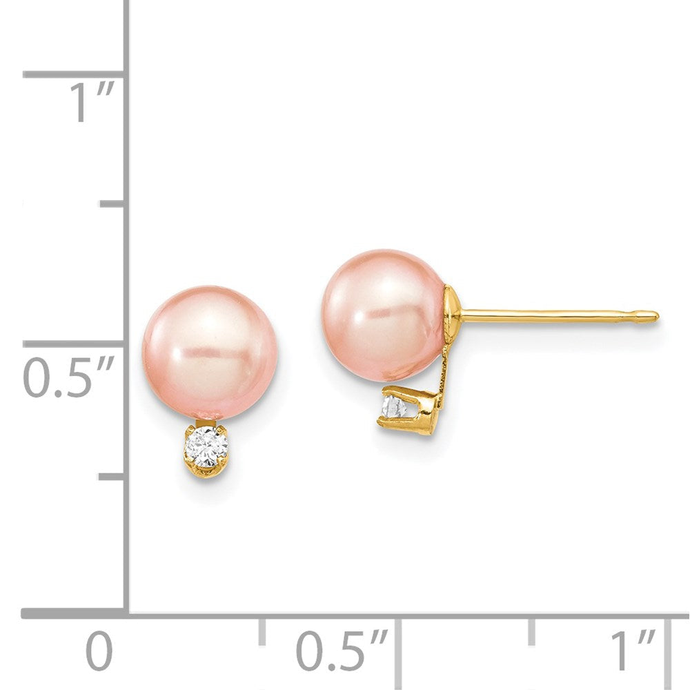 14K 585 Gold rosa runde Süßwasser-Zuchtperlen 6-7 mm 0,06 ct. Diamant Ohrstecker