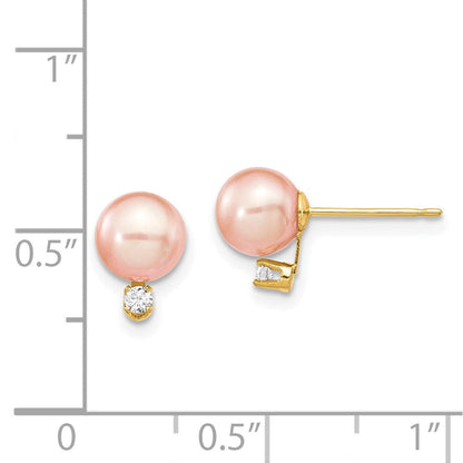 14K 585 Gold rosa runde Süßwasser-Zuchtperlen 6-7 mm 0,06 ct. Diamant Ohrstecker