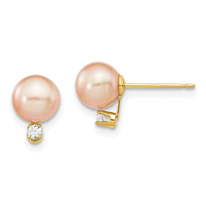 14K 585 Gold rosa runde Süßwasser-Zuchtperlen 6-7 mm 0,06 ct. Diamant Ohrstecker