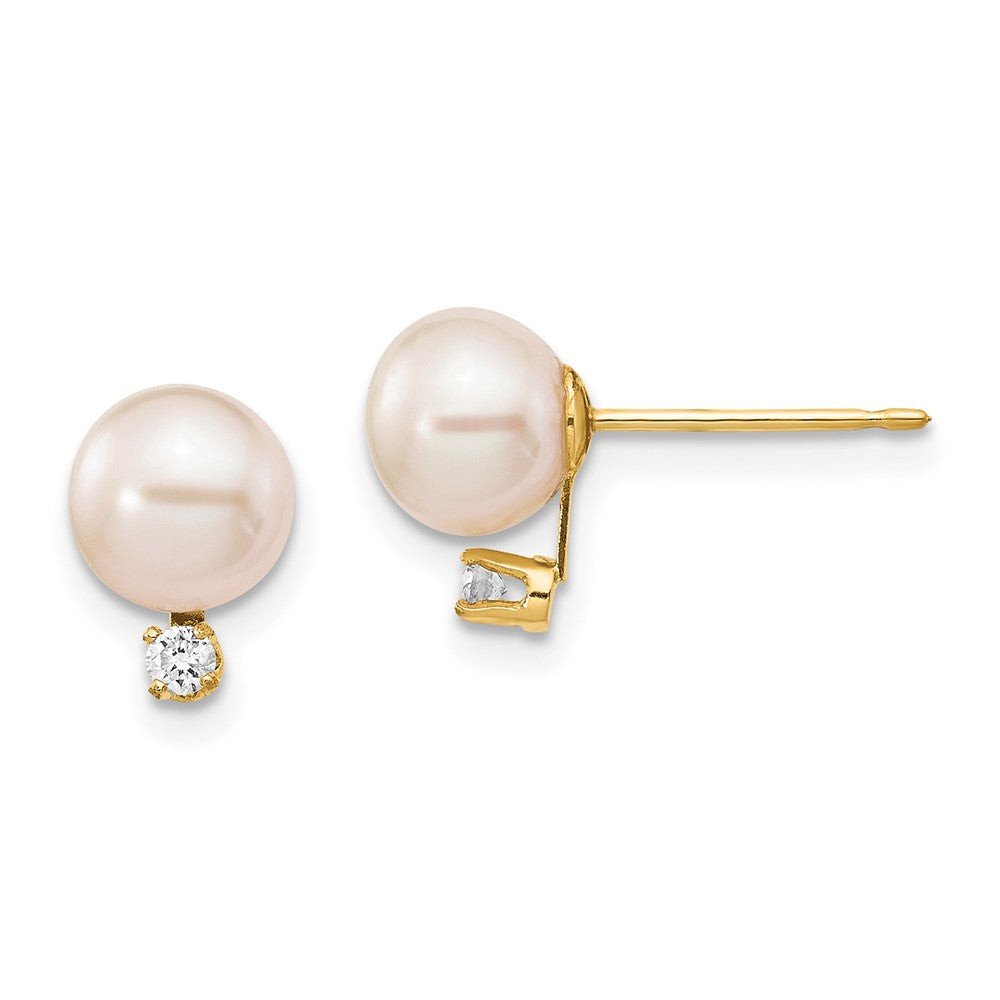 14K Gelbgold Ohrstecker mit runden weißen Süßwasser-Zuchtperlen (6-7 mm) und 0,06 ct. Diamanten