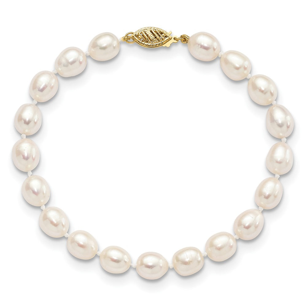 14K Gelbgold 7 8mm Weiß Rice Süßwasser Zuchtperle 7.5 Zoll Armband