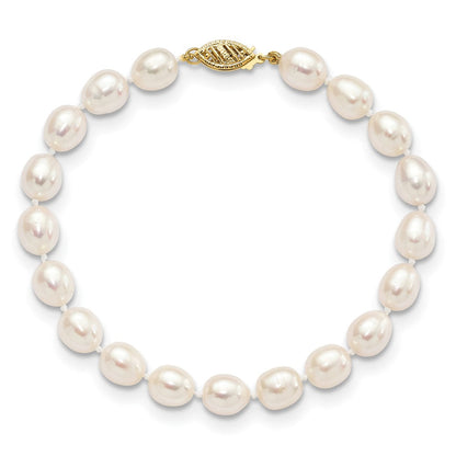 14K Gelbgold 7 8mm Weiß Rice Süßwasser Zuchtperle 7.5 Zoll Armband