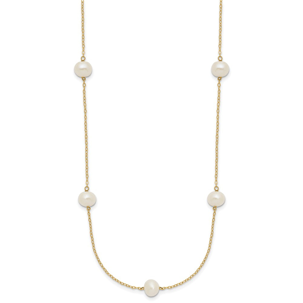 14K Gelbgold 7-8mm Weiß Nahe Rund Süßwasser Zuchtperle 7-station Halskette