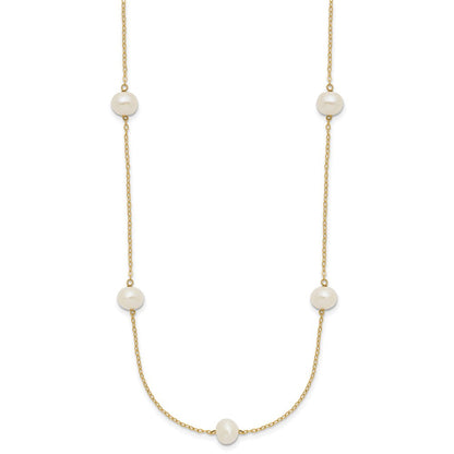 14K Gelbgold 7-8mm Weiß Nahe Rund Süßwasser Zuchtperle 7-station Halskette