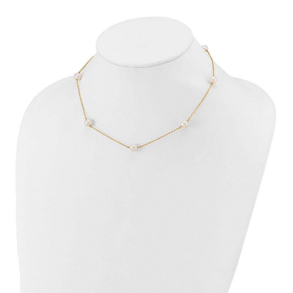 14K Gelbgold 7-8mm Weiß Nahe Rund Süßwasser Zuchtperle 7-station Halskette