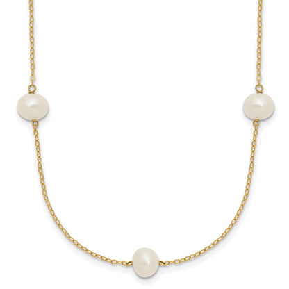 14K Gelbgold 7-8mm Weiß Nahe Rund Süßwasser Zuchtperle 7-station Halskette