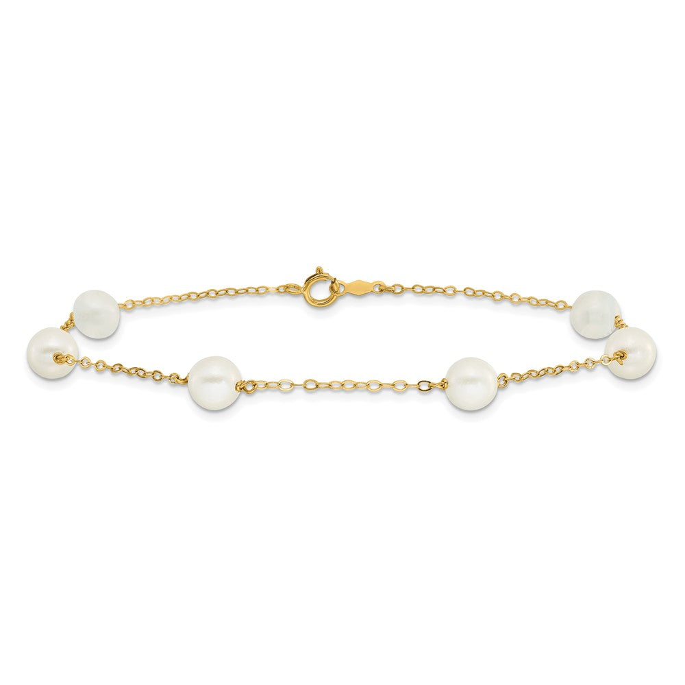 14K Gelbgold 6-7mm Weiß Nahe Rund Süßwasser Zuchtperle 6-station Fußkettchen