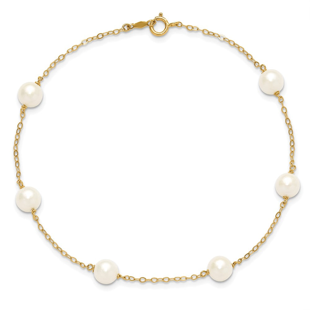 14K Gelbgold 6-7mm Weiß Nahe Rund Süßwasser Zuchtperle 6-station Fußkettchen