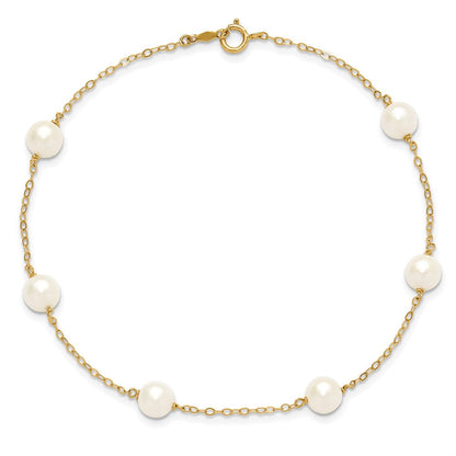 14K Gelbgold 6-7mm Weiß Nahe Rund Süßwasser Zuchtperle 6-station Fußkettchen