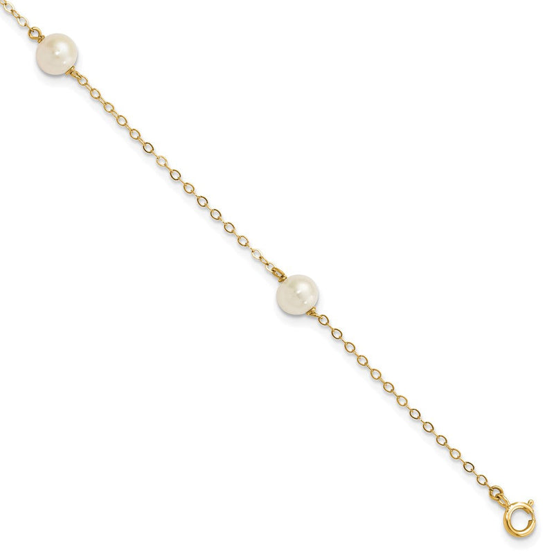 10K Gelbgold 5-6mm Weiß Nahe-round Süßwasser Zuchtperle 3-station 7.25 Zoll Armband