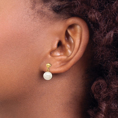14K Gelbgold 8 8.5mm Weiß Rund Süßwasser Zuchtperle Stecker Ohrhänger