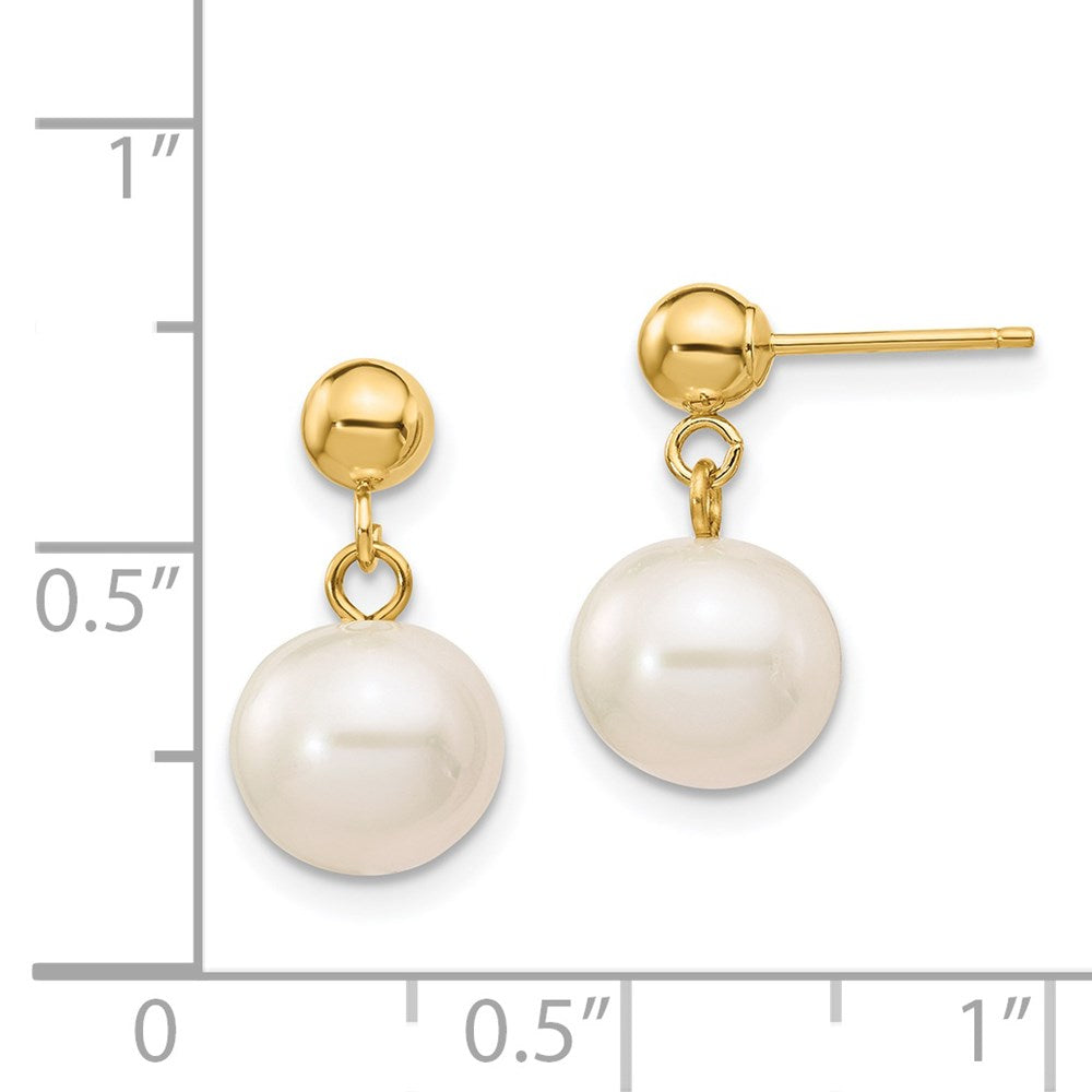 14K Gelbgold 8 8.5mm Weiß Rund Süßwasser Zuchtperle Stecker Ohrhänger