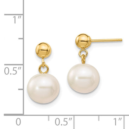 14K Gelbgold 8 8.5mm Weiß Rund Süßwasser Zuchtperle Stecker Ohrhänger