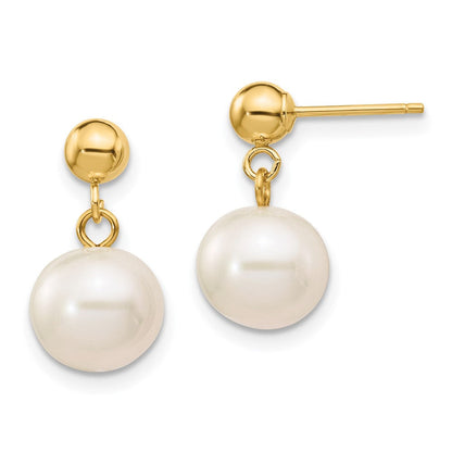 14K Gelbgold 8 8.5mm Weiß Rund Süßwasser Zuchtperle Stecker Ohrhänger