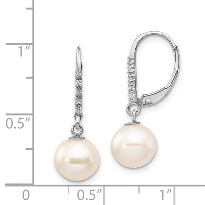 14 Karat Weißgold Ohrringe mit Ohrbrisur, 8-9 mm runden FWC-Perlen und 0,05 ct. Diamanten