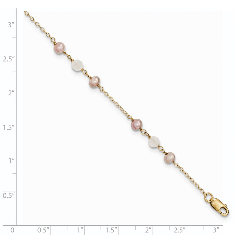 14K Gelbgold Fw Zuchtperle & Rose Quarz Ankerkette Kette 1 in Verlängerung