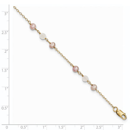 14K Gelbgold Fw Zuchtperle & Rose Quarz Ankerkette Kette 1 in Verlängerung