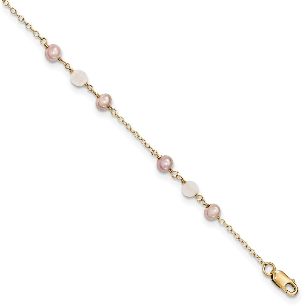 14K Gelbgold Fw Zuchtperle & Rose Quarz Ankerkette Kette 1 in Verlängerung