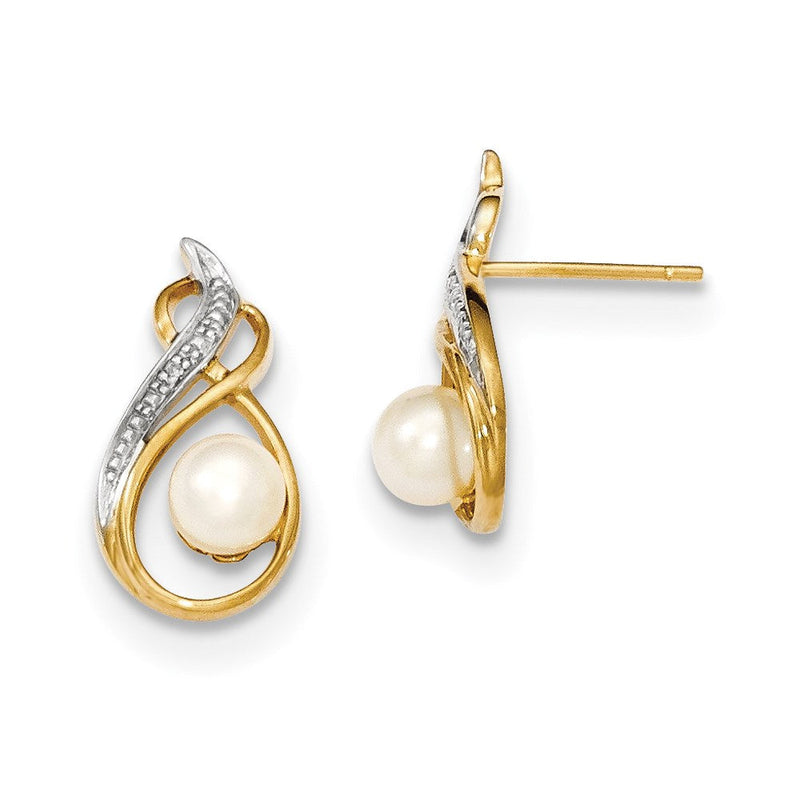 14 Karat Gelbgold Ohrstecker mit 5-6 mm Süßwasser-Zuchtperlen, Diamanten und Rhodium-Akzenten