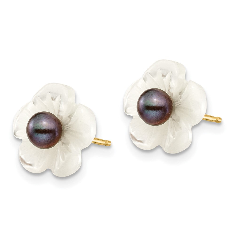 14K Gelbgold 3 4mm Schwarz Rund Süßwasser Zuchtperle und 10 Mm Weiß Mutter Of Blume Ohrstecker