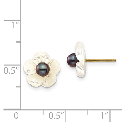 14K Gelbgold 3 4mm Schwarz Rund Süßwasser Zuchtperle und 10 Mm Weiß Mutter Of Blume Ohrstecker