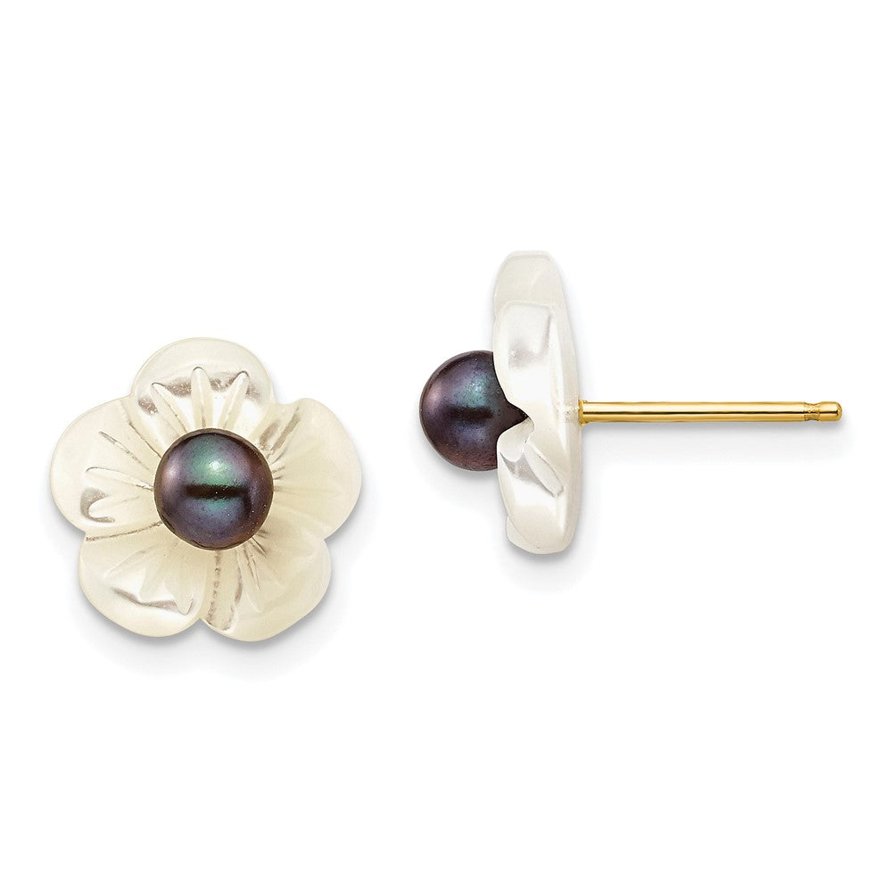14K Gelbgold 3 4mm Schwarz Rund Süßwasser Zuchtperle und 10 Mm Weiß Mutter Of Blume Ohrstecker