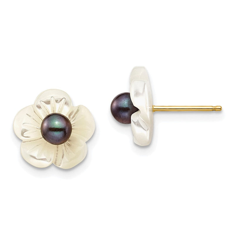 14K Gelbgold 3 4mm Schwarz Rund Süßwasser Zuchtperle und 10 Mm Weiß Mutter Of Blume Ohrstecker