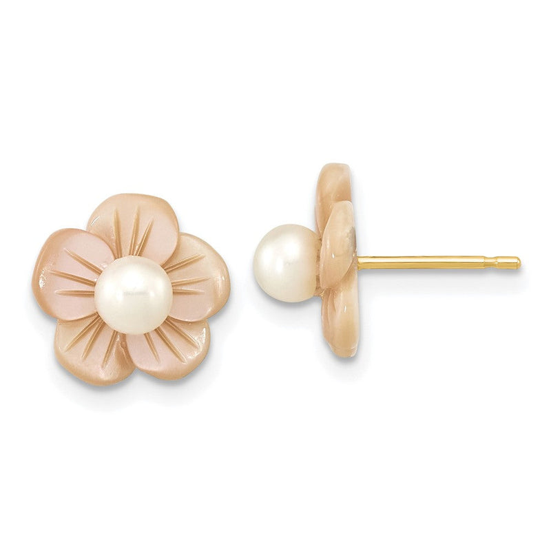 14K Gelbgold 3 4mm Weiß Rund Süßwasser Zuchtperle und Rosa Mutter Of Blume Ohrstecker
