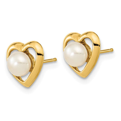 14K Gelbgold 4 5mm Weiß Knopf Süßwasser Zuchtperle Herz Ohrstecker