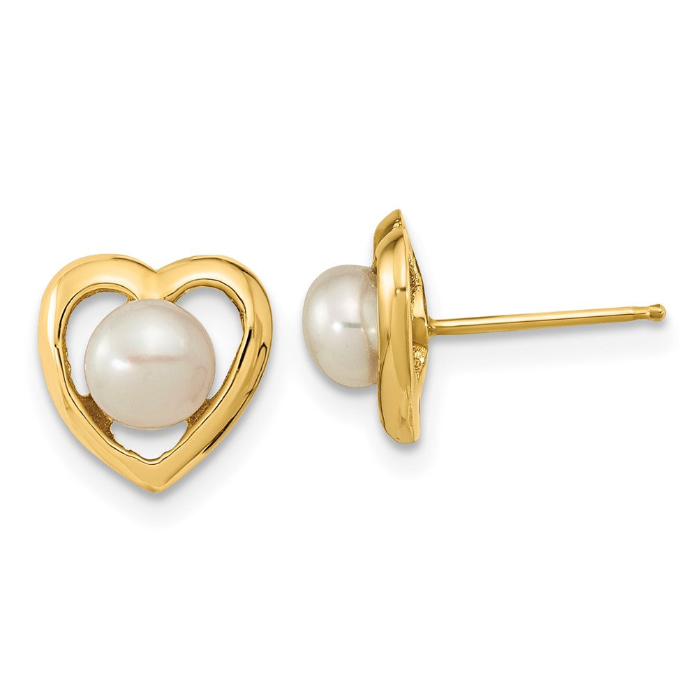14K Gelbgold 4 5mm Weiß Knopf Süßwasser Zuchtperle Herz Ohrstecker