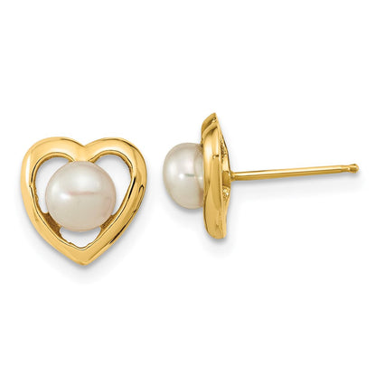 14K Gelbgold 4 5mm Weiß Knopf Süßwasser Zuchtperle Herz Ohrstecker