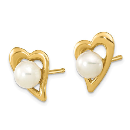 14K Gelbgold 3 4mm Weiß Knopf Süßwasser Zuchtperle Herz Ohrstecker