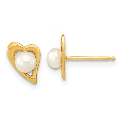 14K Gelbgold 3 4mm Weiß Knopf Süßwasser Zuchtperle Herz Ohrstecker
