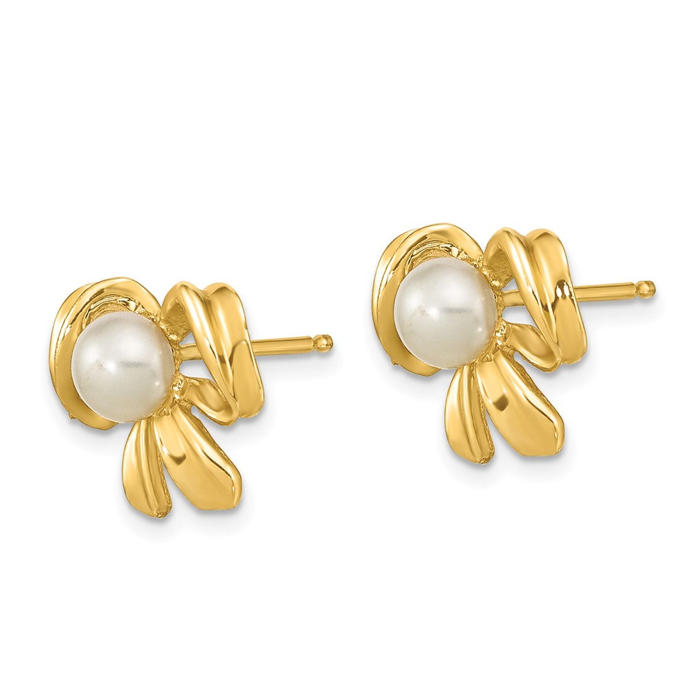14K Gelbgold 3 4mm Weiß Knopf Süßwasser Zuchtperle Schleife Ohrstecker