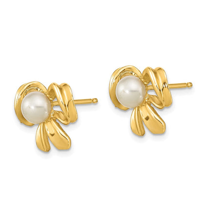 14K Gelbgold 3 4mm Weiß Knopf Süßwasser Zuchtperle Schleife Ohrstecker