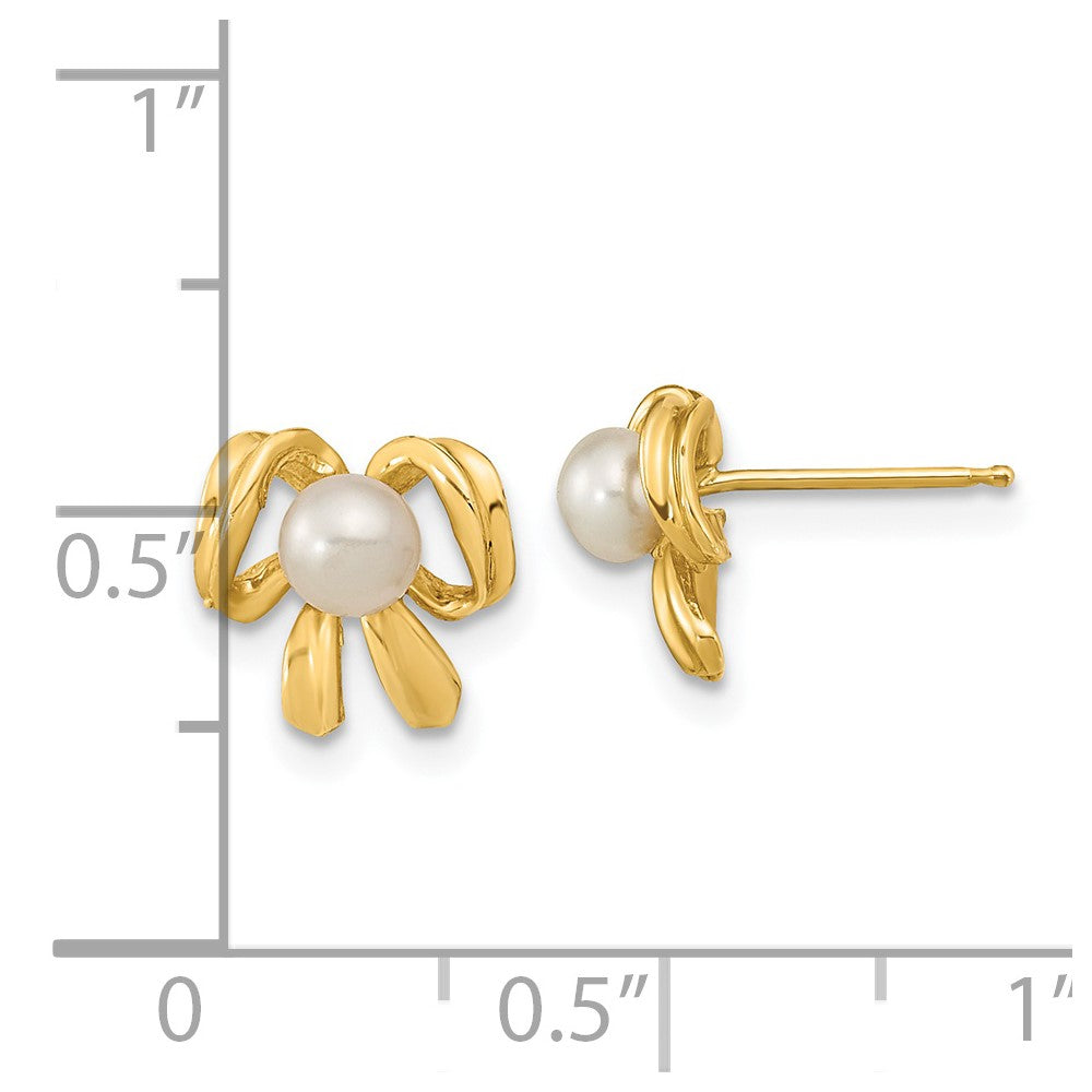 14K Gelbgold 3 4mm Weiß Knopf Süßwasser Zuchtperle Schleife Ohrstecker