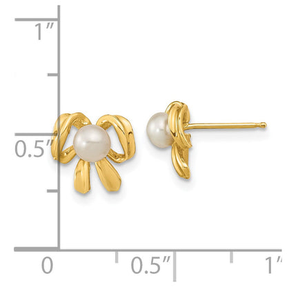 14K Gelbgold 3 4mm Weiß Knopf Süßwasser Zuchtperle Schleife Ohrstecker