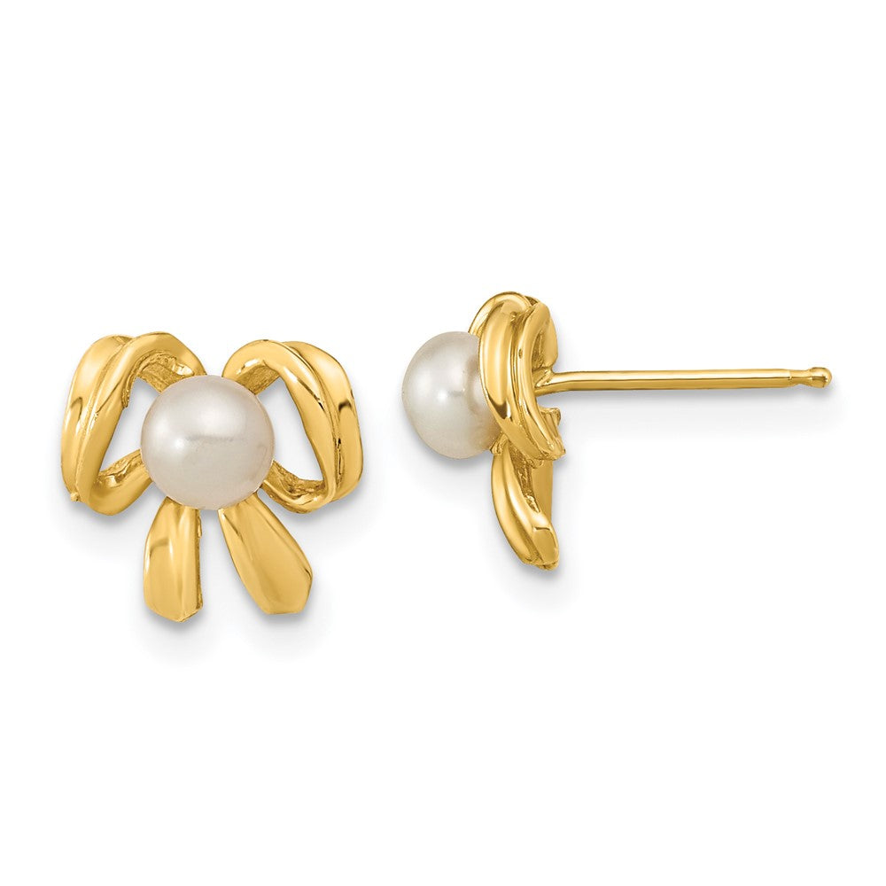 14K Gelbgold 3 4mm Weiß Knopf Süßwasser Zuchtperle Schleife Ohrstecker