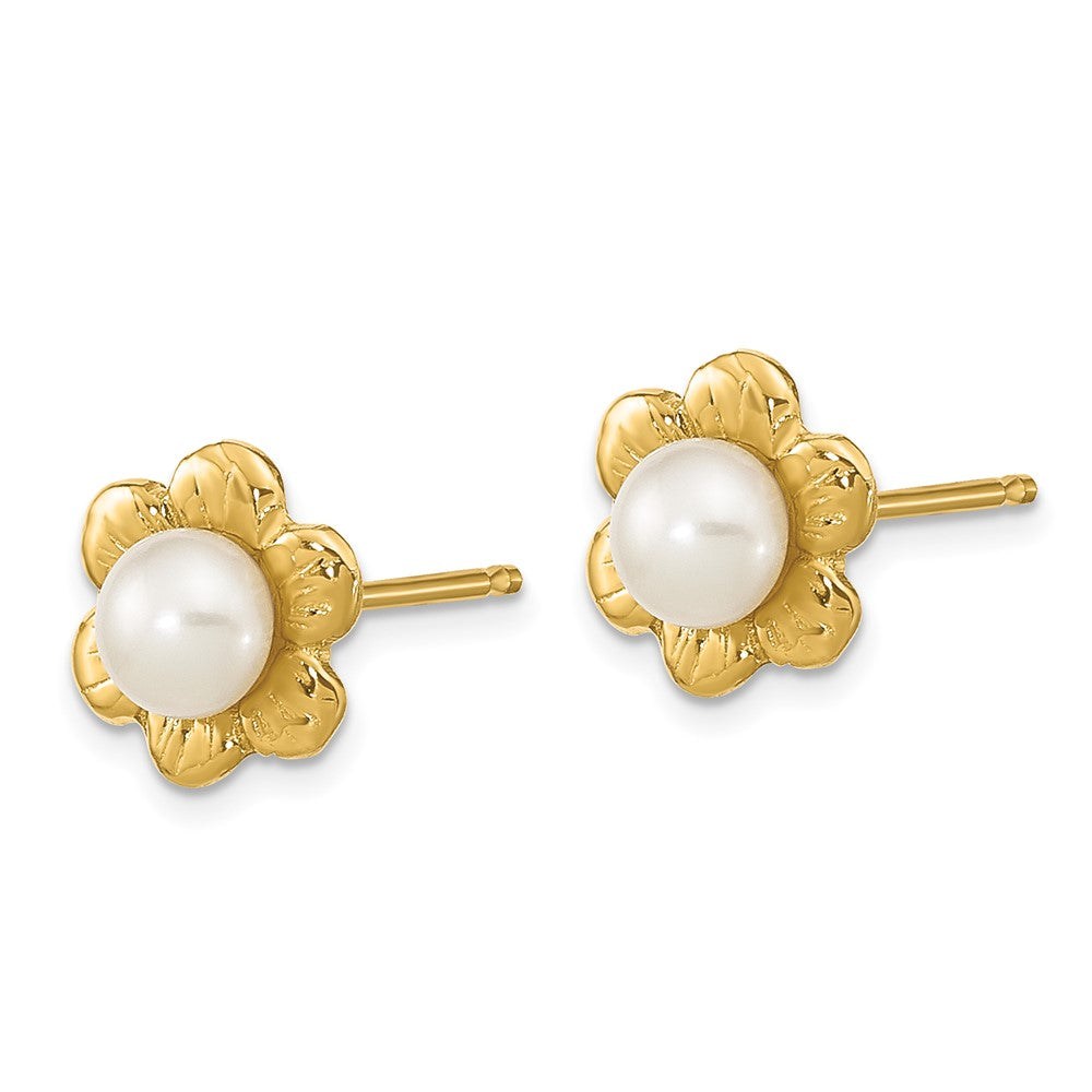 14K Gelbgold 3 4mm Weiß Knopf Süßwasser Zuchtperle Blume Ohrstecker